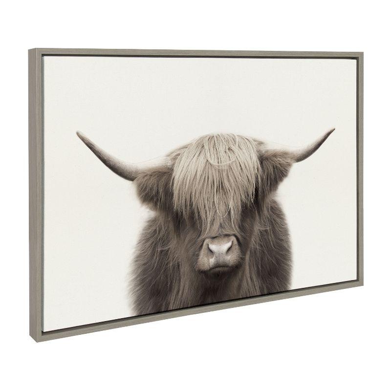 Kate and Laurel Sylvie Hey Dude Highland Cow Color Framed Canvas by The Creative Bunch Studio, 23x33, Gray