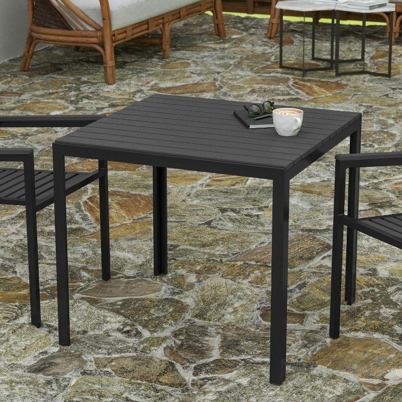 Merrick Lane All-Weather Indoor/Outdoor Square Patio Dining Table for 4 with Steel Frame and Poly Resin Slatted Top - Black