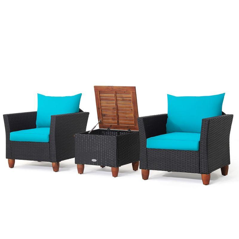 Tangkula 3PCS Patio Rattan Conversation Set Outdoor Furniture Set w/ Turquoise Cushions