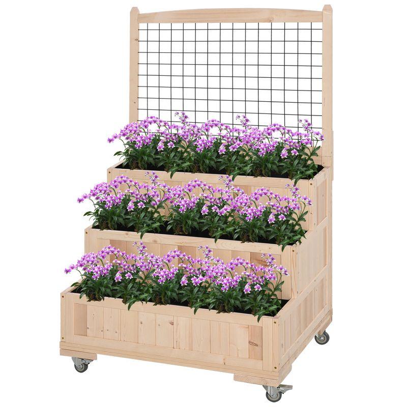 Outsunny 3-Tiers Raised Garden Bed with Wheels, Trellis, Back Storage Area, Easy Movable Wooden Planter Boxes for Flowers, Vegetables, Herbs, Natural