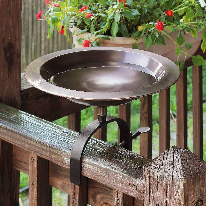 8.5" Classic II Over Rail Birdbath, Antique Copper, Weather-Resistant Wrought Iron Bracket - Achla Designs: No-Drill Clamp, Porch/Balcony Use