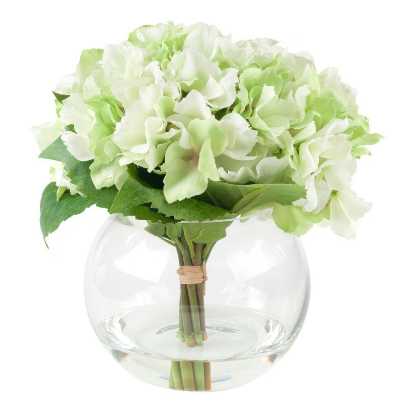 Hydrangea Floral Arrangement in Vase - 5-Count Artificial Flowers with Leaves in Faux Water-Filled Decorative Clear Glass Bowl by Pure Garden (Green)