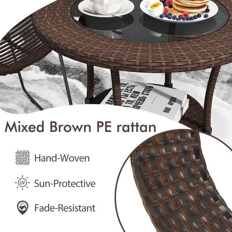 Tangkula Outdoor Side Table with Storage PE Wicker Patio Bistro Table with Tempered Glass Tabletop