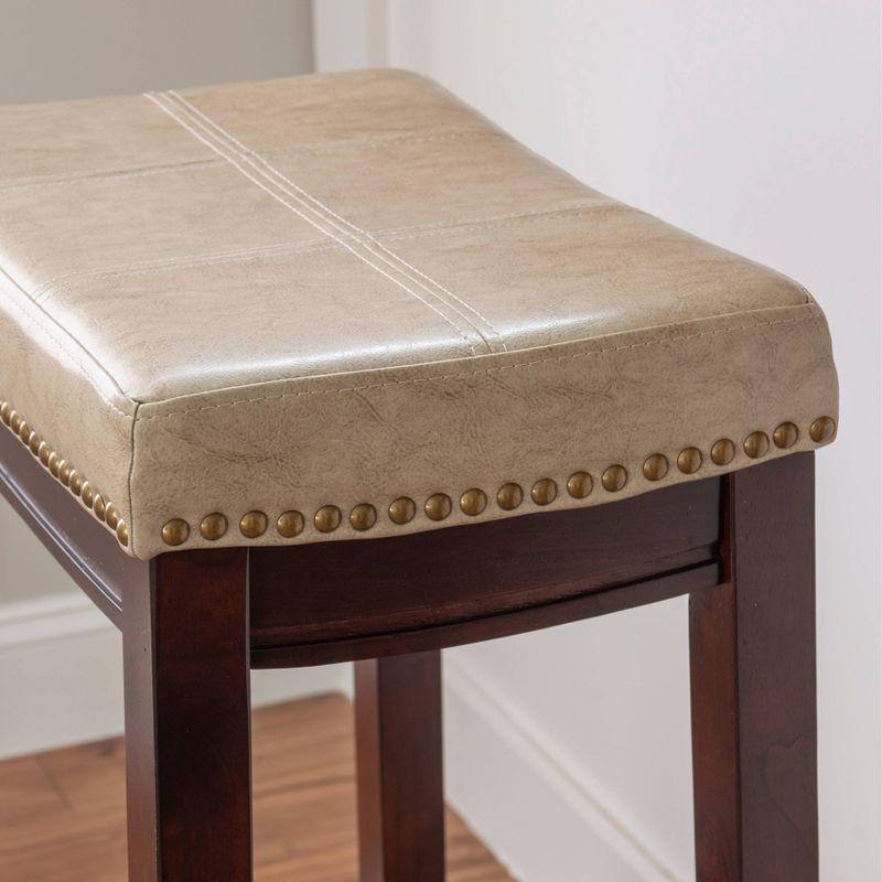 Set of 2 Claridge Faux Leather Nailhead Backless Saddle Barstools Beige - Linon: Upholstered, Rubberwood Legs, Footrest
