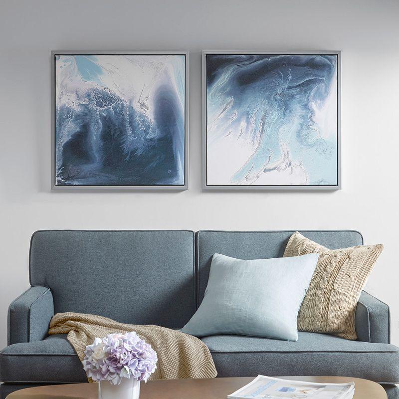 Blue Lagoon Abstract Gel Coat Canvas Wall Art Set with Silver Frame