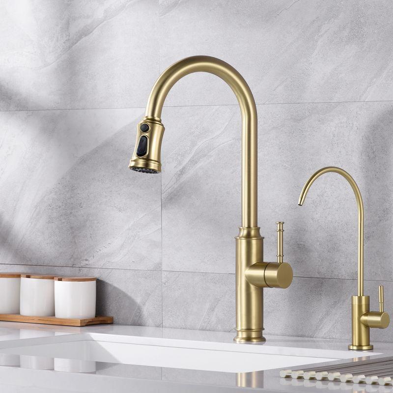 Pull Down Kitchen Sink Faucet with Dual Function Sprayer, High Arc Single Handle, Brushed Gold