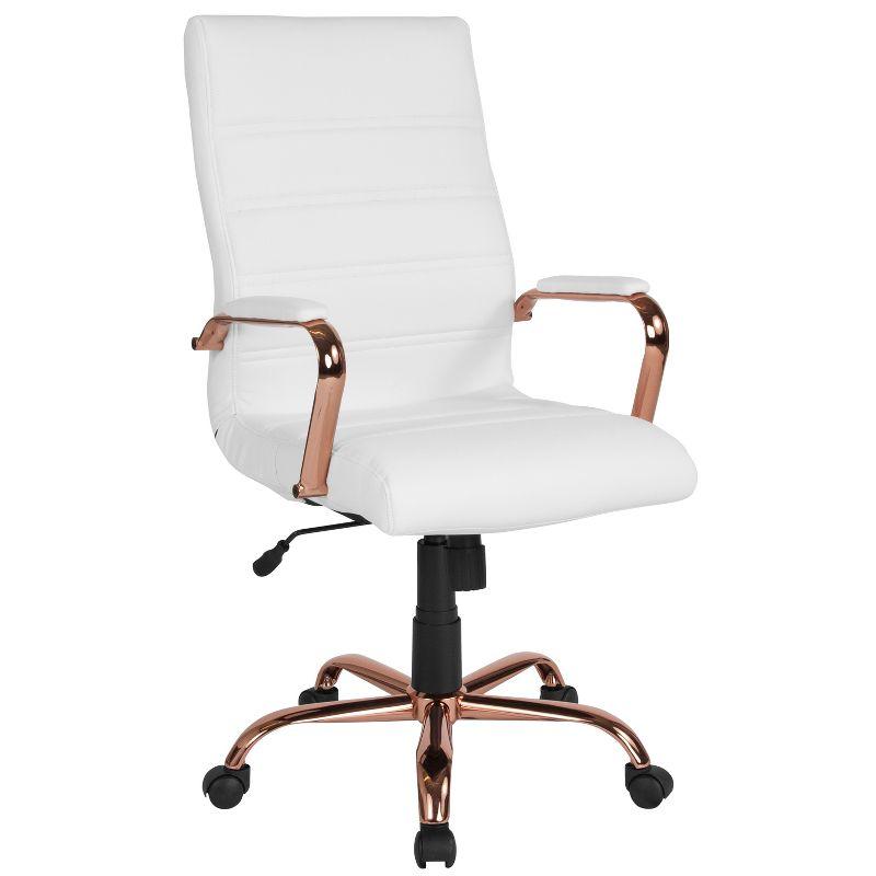 Emma and Oliver High Back White LeatherSoft Executive Swivel Office Chair - Rose Gold Frame/Arms