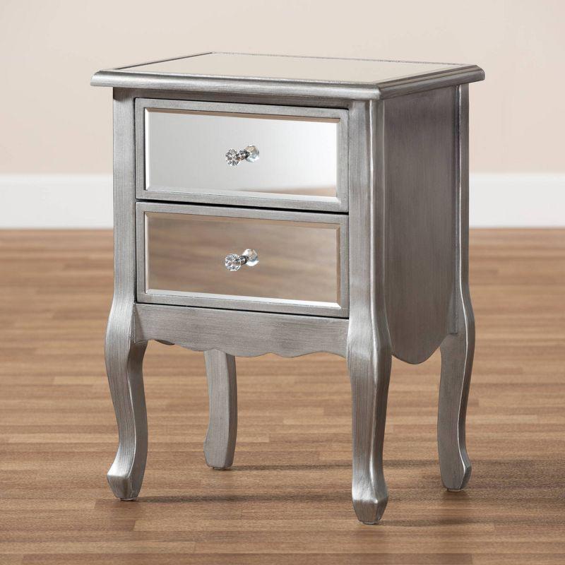 Baxton Studio Leonie Wood and Mirrored Glass 2 Drawer Nightstand Silver: Mid-Century Modern, Fir Wood Frame, No Assembly Required