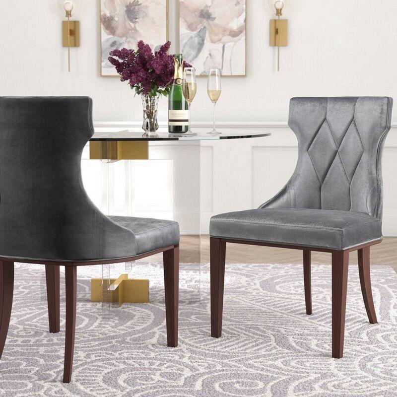 Luxurious Gray Velvet Wing-Back Side Chair with Walnut Wood Legs