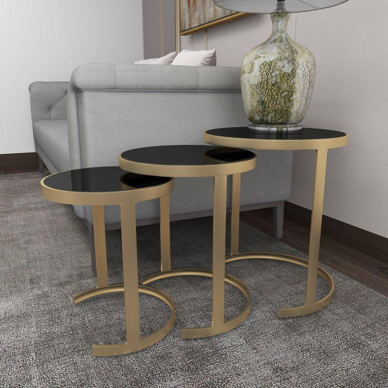 Elegant Gold Metal and Mirrored Glass Round Nesting Tables, Set of 3