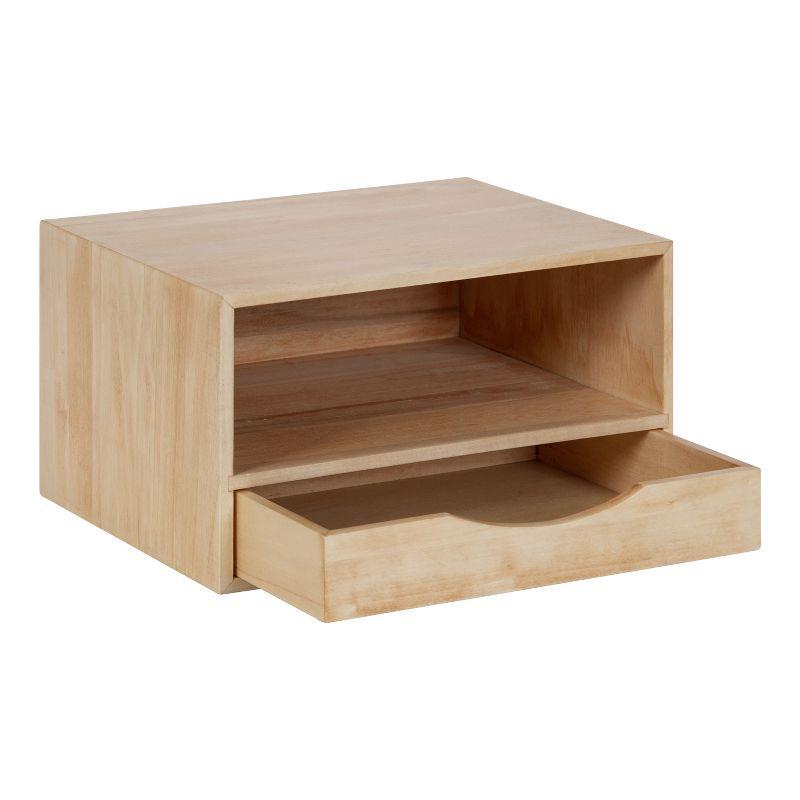 Natural Wood Floating Shelf with Drawer and Cubby