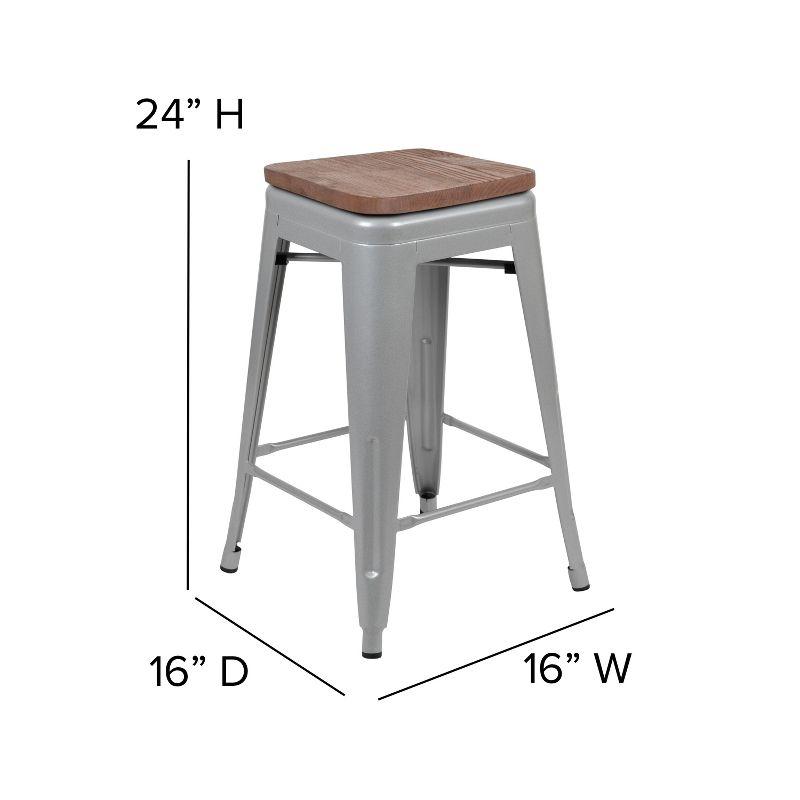 Flash Furniture 24" High Metal Counter-Height, Indoor Bar Stool with Wood Seat in Silver - Stackable Set of 4