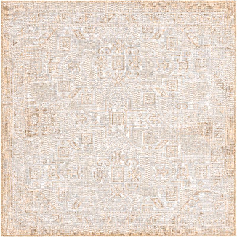 Natural Medallion 5'3" Square Outdoor Aztec Rug in Brown