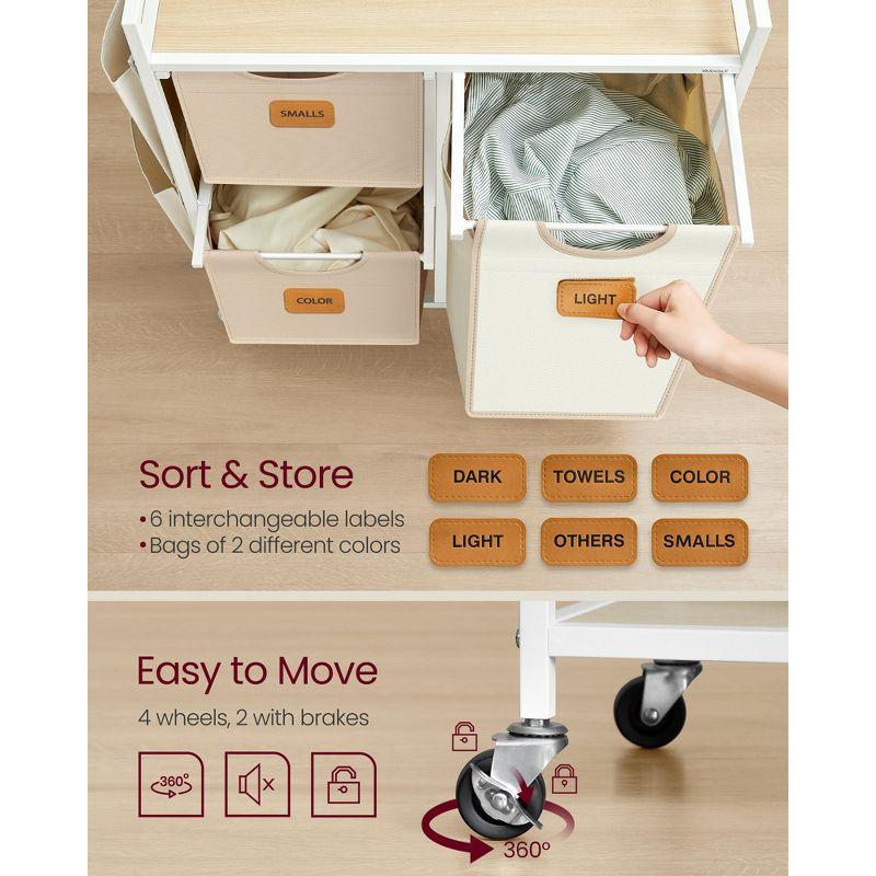 VASAGLE Laundry Hamper with 3 Compartments, 26.4 Gal. (100 L) Laundry Sorter, Rolling Laundry Cart with Shelves, Camel Brown and Cream White