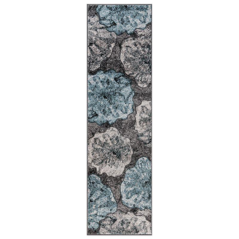 Blue Floral Synthetic Stain-Resistant Runner Rug 2' x 7'