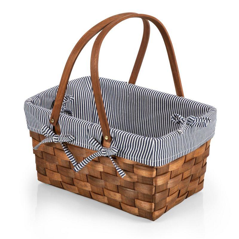 Picnic Time Kansas Handwoven Wood Picnic Basket with Navy Blue and White Stripe