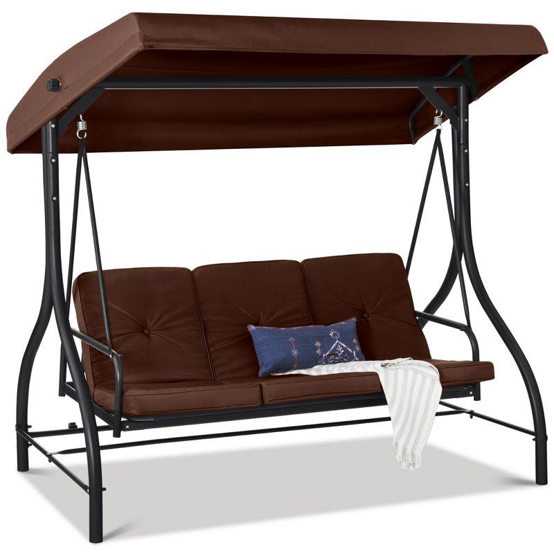 Brown 3-Seat Outdoor Canopy Swing Glider with Cushions