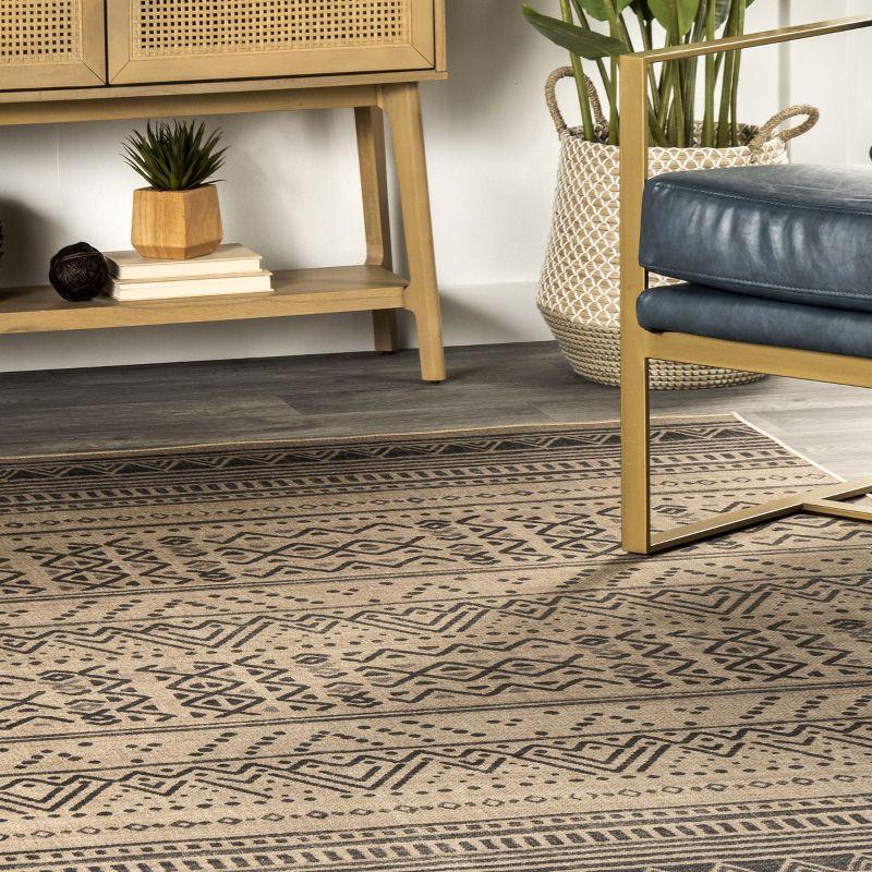 Beige and Gray Tribal Stripe Washable Area Rug