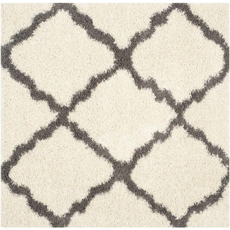 Ivory and Dark Grey Trellis Square Shag Rug, 4' x 4', Synthetic Easy Care