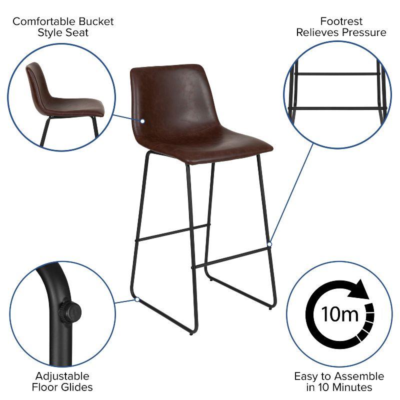 Dark Brown Leather and Metal Bar Height Stools, Set of 2