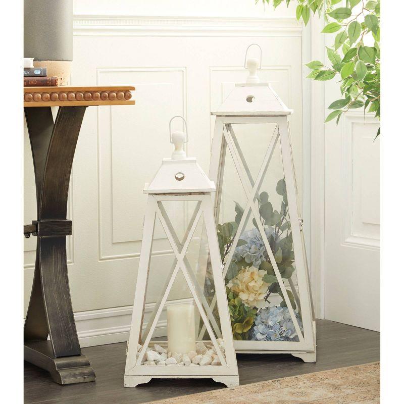 Olivia & May Set of 2 Triangular Wood and Glass Lanterns White: Iron Frame, Fits Any Candle Size