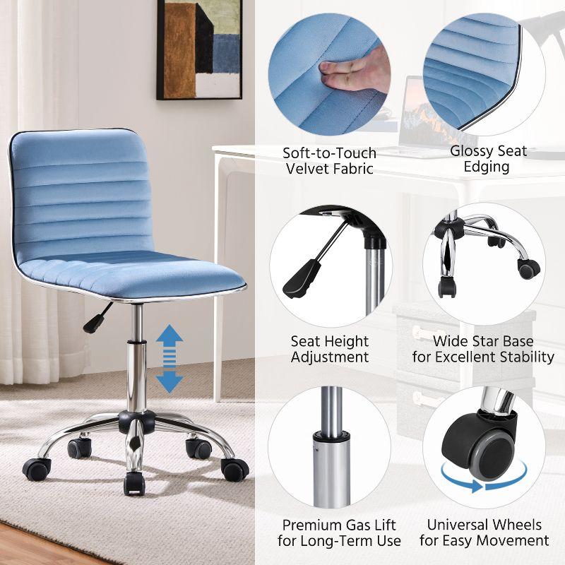Yaheetech Velvet Low Back Armless Desk Chair Office Chair with Wheels, Blue