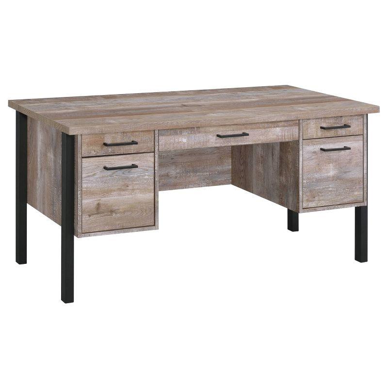Transitional Weathered Oak Home Office Desk with Black Metal Frame and Storage