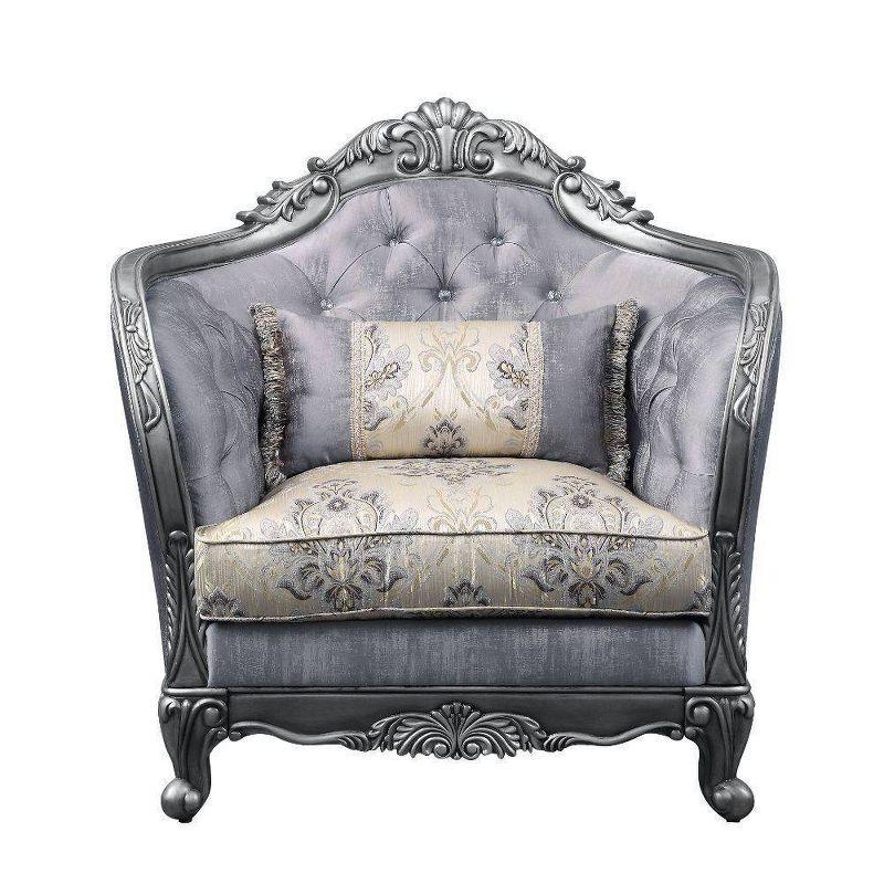 Ariadne Platinum Gray Floral Accent Chair with Carved Wood Detail