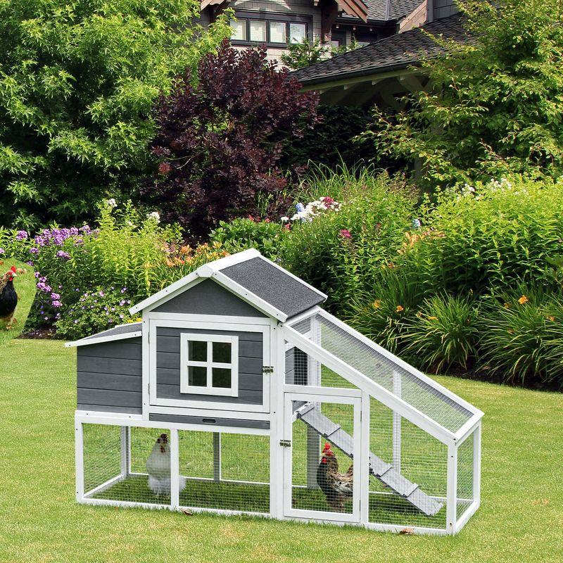 White and Gray Wooden Chicken Coop with Ramp and Nesting Box