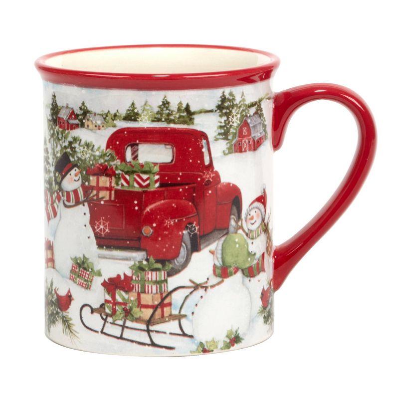 Set of 4 Red Truck Snowman 16oz Drinkware Mugs - Certified International