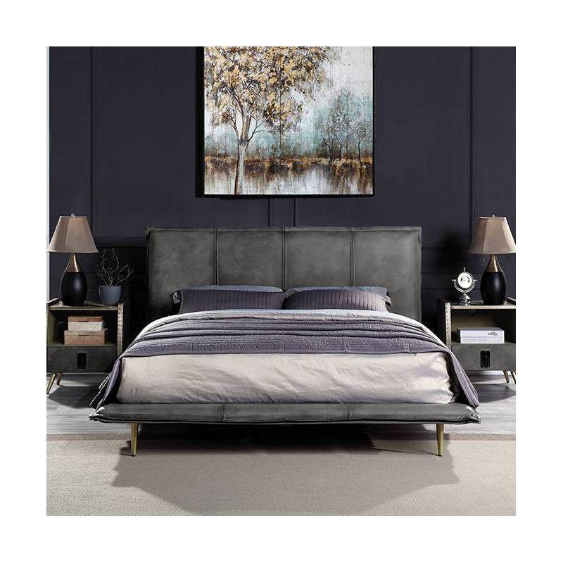 Metis Gray Top Grain Leather Upholstered Queen Bed with Metal Legs