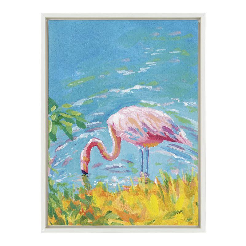 Summer Sip Flamingo Print on Canvas with White Frame