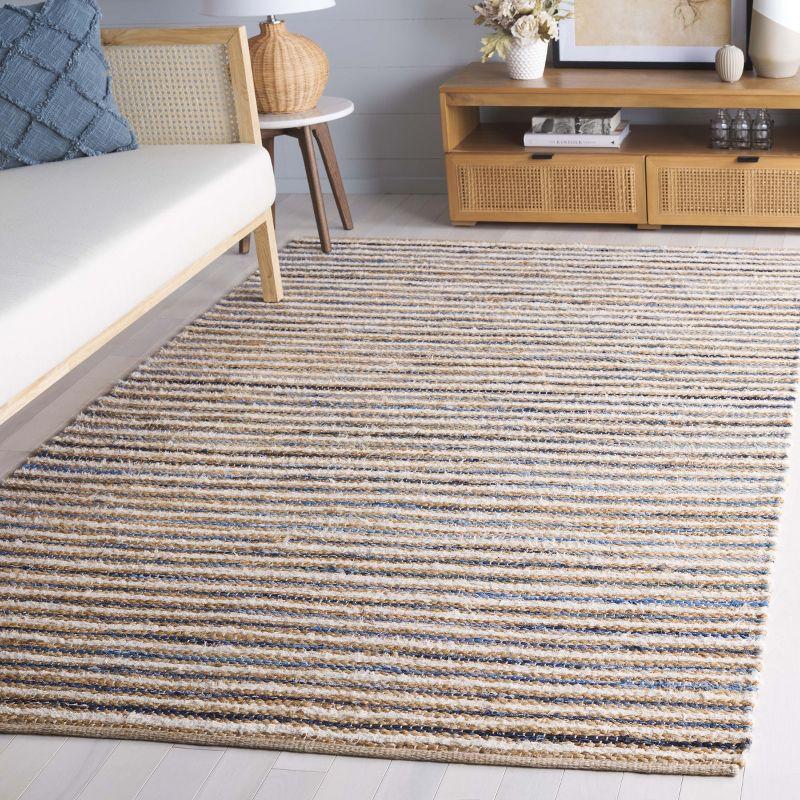 Cape Cod Natural and Blue Handwoven Cotton Area Rug, 5' x 8'