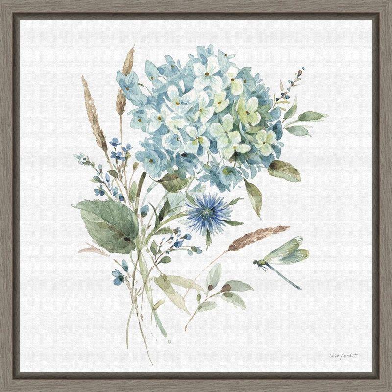 Blue Floral Bouquet Canvas Wall Art Print with Gray Frame