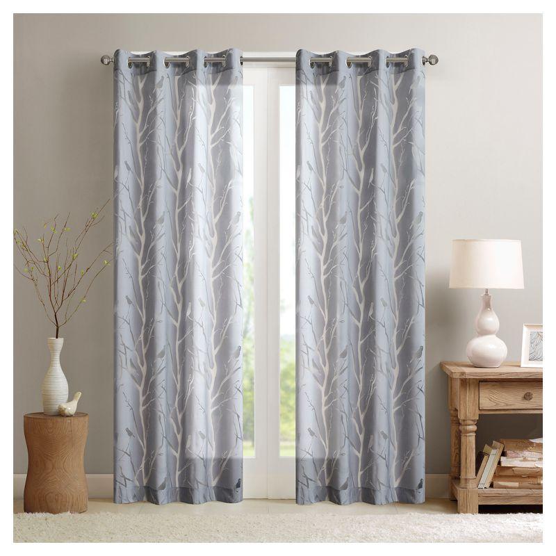 Silver Sheer Bird Design Grommet Window Curtain Panel