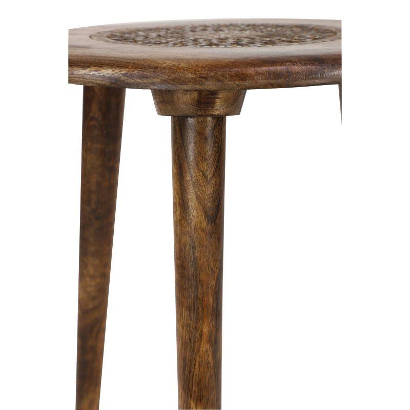 Handcrafted Dark Brown Mango Wood Floral Carved Round Accent Table