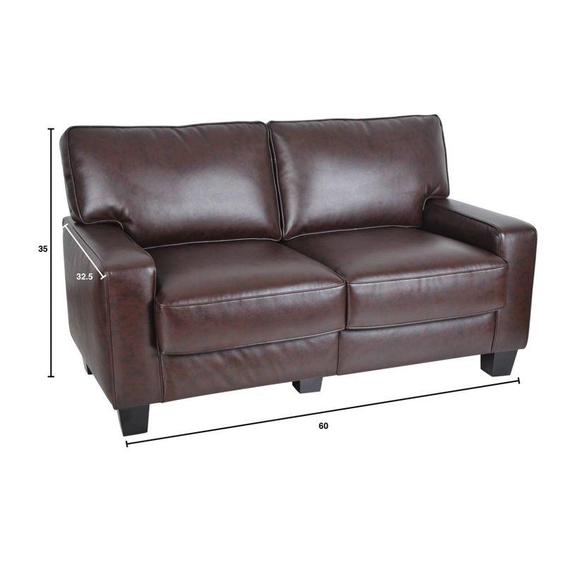 Chestnut Brown Leather 61" Loveseat with Pillow Back and Wood Accents