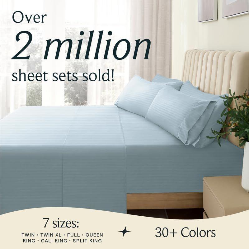 LuxClub 6 PC Light Blue King Microfiber Striped Performance Sheet Set, Soft Cooling Eco-Friendly Bed Sheets with 18in Deep Pockets
