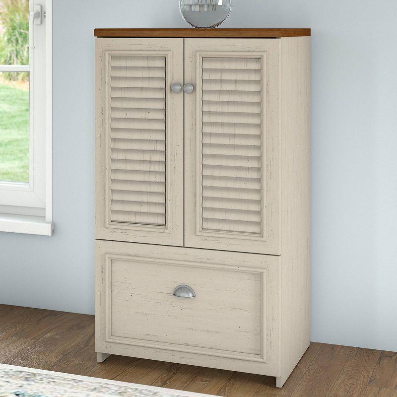 Fairview Storage Cabinet with Drawer White - Bush Furniture: Modern Farmhouse Style, Antique Pewter Hardware