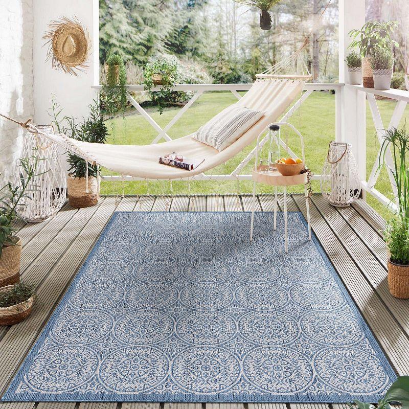 World Rug Gallery Transitional Floral Circles Textured Flat Weave Indoor/Outdoor Area Rug - BLUE 5' X 7'