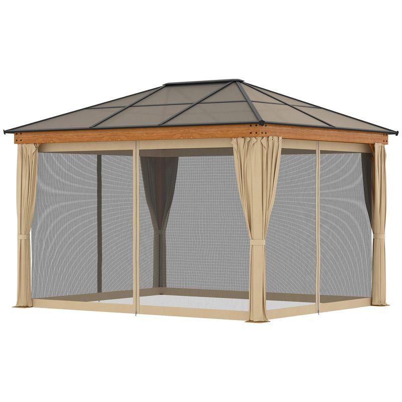 Outsunny 10' x 12' Hardtop Polycarbonate Gazebo Canopy, Aluminum Frame Pergola with Top Vent, Netting & Sidewalls for Garden, Patio, Khaki