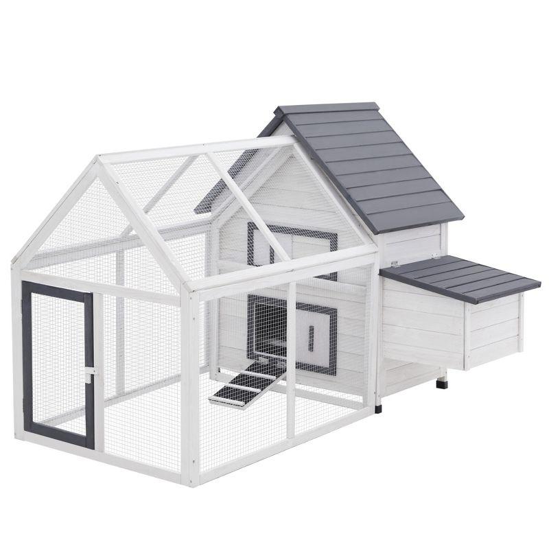 Gray and White Wooden Chicken Coop with Nesting Box and Ramp