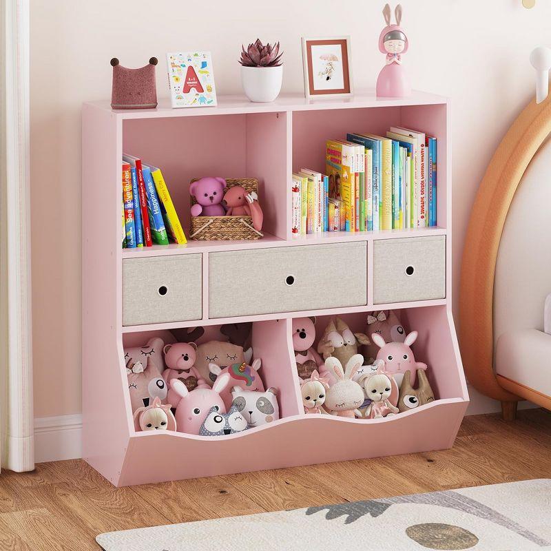 3-Tier Kids Bookshelf, Toy Storage Organizer with 3 Drawers,Wooden Bookcase with Large Toy Storage Cabinet for Playroom