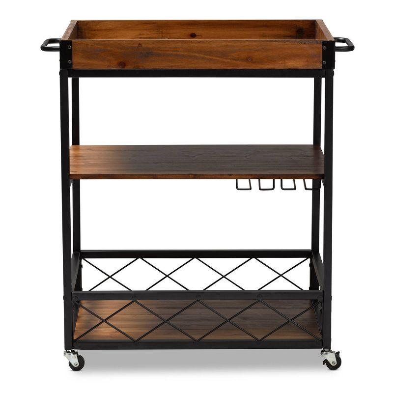 Livi Homes Paloma Mobile Metal Bar Cart with Stemware Rack in Vintage Rustic Industrial Oak Brown and Black