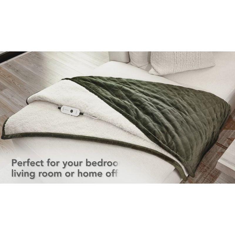 Sunbeam 50" x 60" Quilted Nordic Velvet Reverse Shearling Heated Throw Electric Blanket Olive: Lightweight, Machine Washable