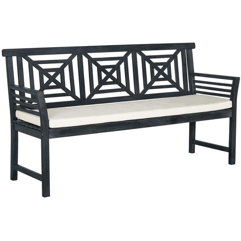 Ash Grey Acacia Wood 3-Seat Outdoor Bench with Beige Cushion