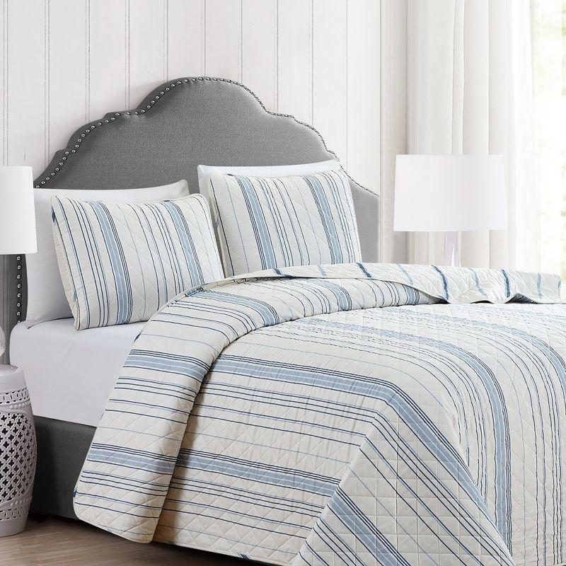 Sofia Ivory & Blue Striped Reversible Microfiber Quilt Set - Full/Queen