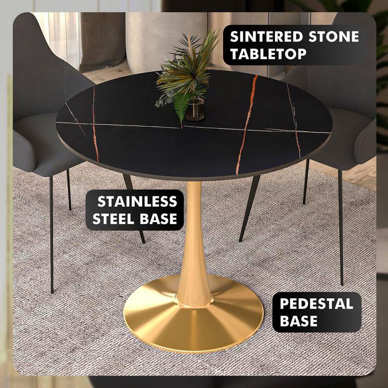LeisureMod Bristol 35" Round Dining Table – Sintered Stone Top Accent Café Table & Sturdy Steel Gold Pedestal Base for Kitchen and Small Spaces