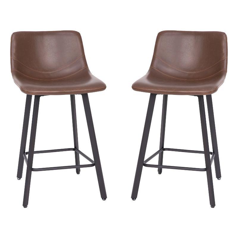 Set of Two Chocolate Brown Faux Leather Upholstered Counter Stools with Matte Black Metal Frames