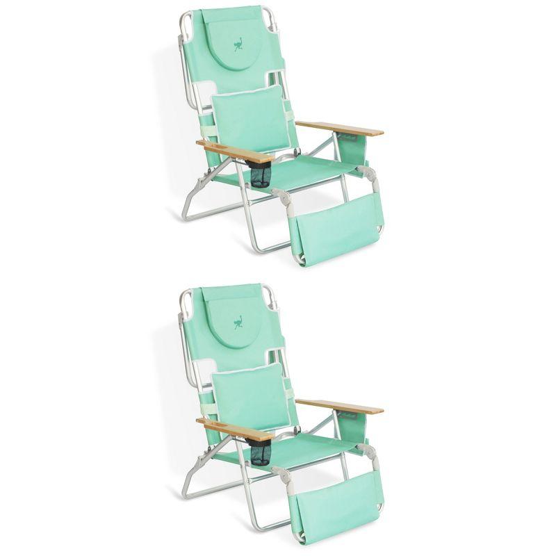 Ostrich Deluxe Padded 3-N-1 Lightweight Portable Adjustable Outdoor Folding Chair for Lawn Beach Lake Camping Lounge with Footrest, Teal (2 Pack)